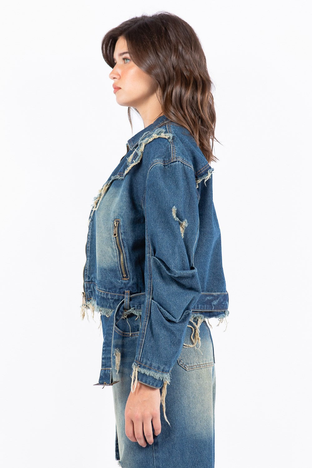 American Bazi Full Size Distressed Frayed Edge Zip Up Denim Jacket Plus Size - Love Salve