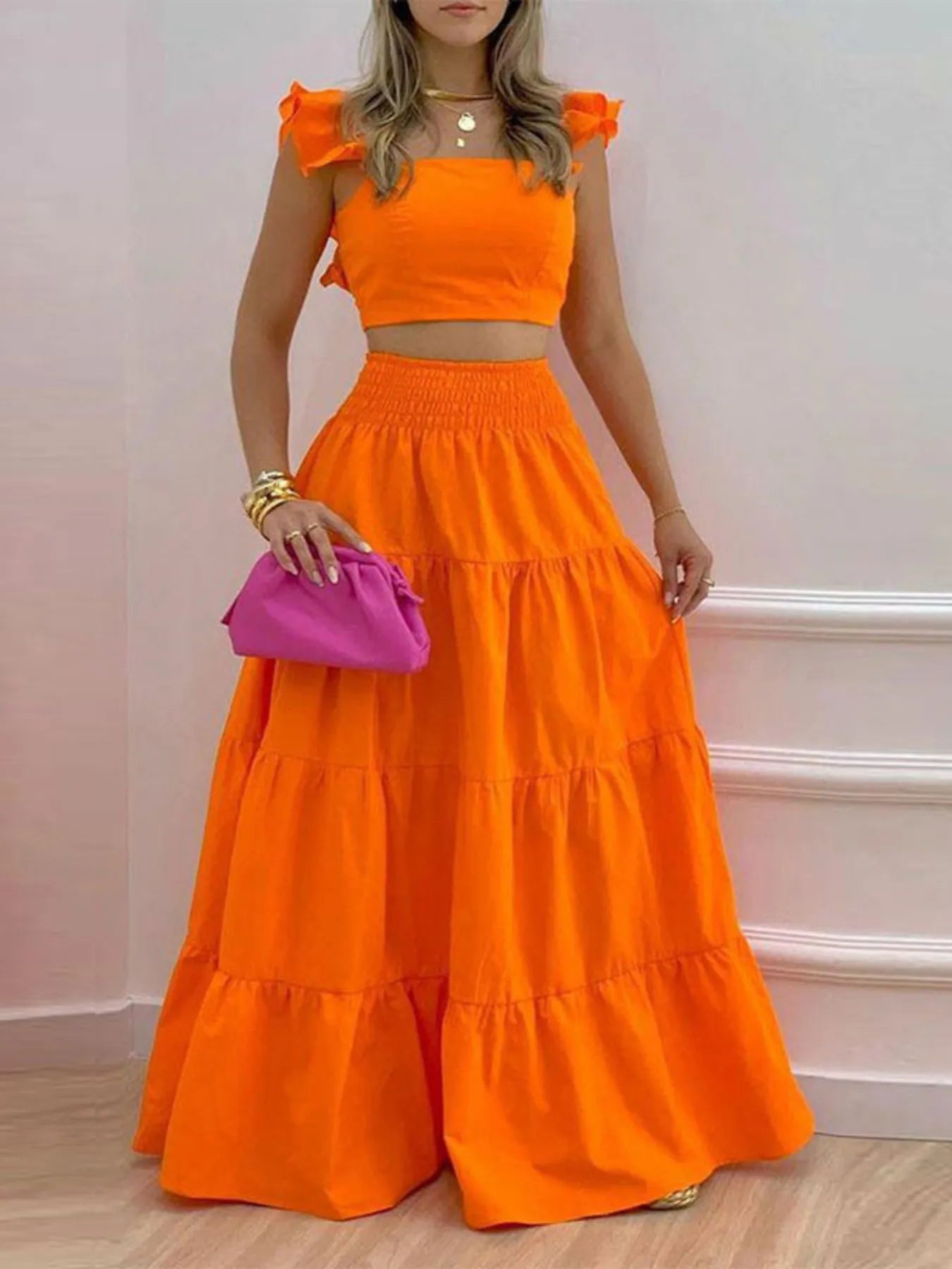 Full Size Ruffled Cami and Tiered Maxi Skirt Set Plus Size