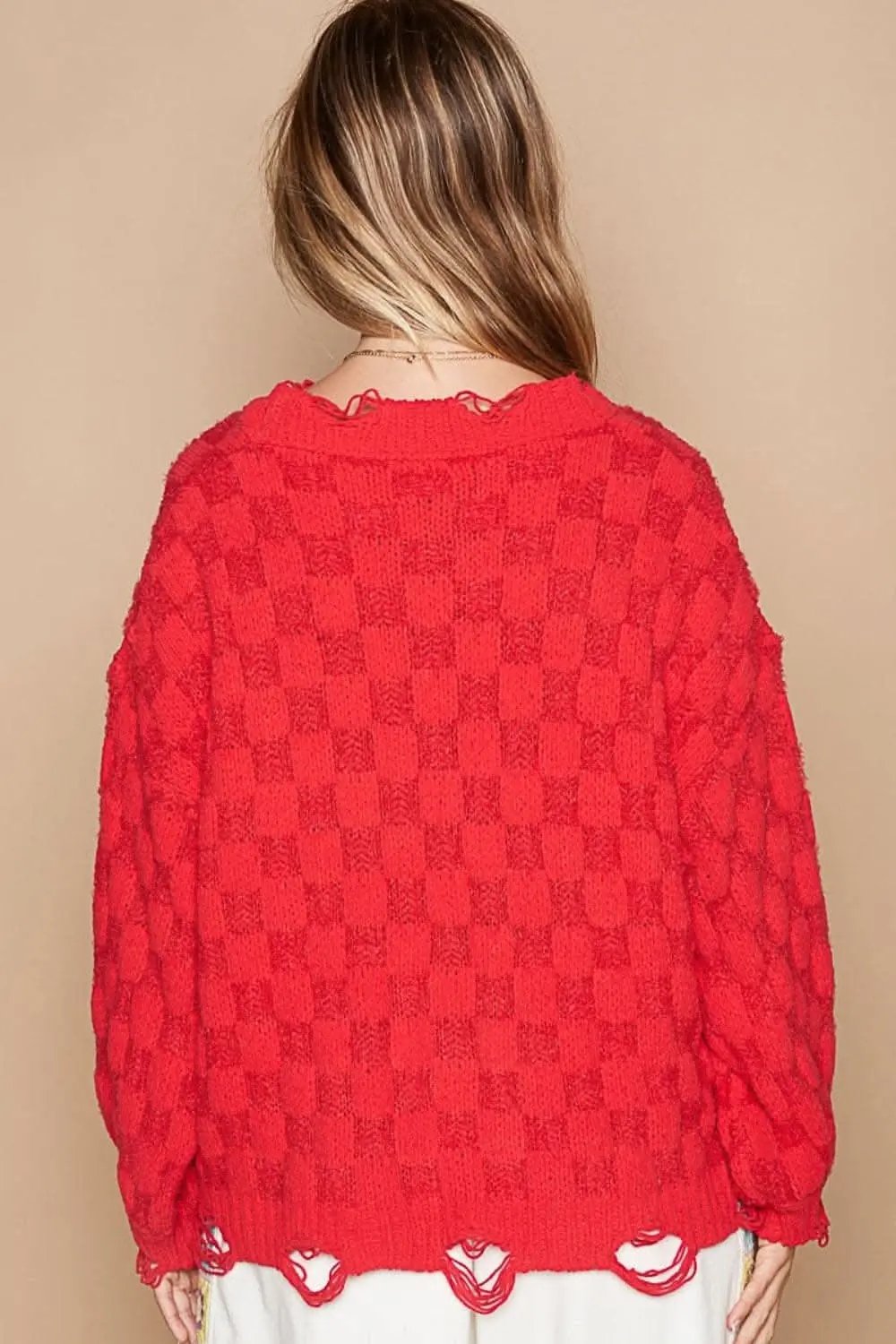 POL Checkered Distressed Edge Sweater - Love Salve