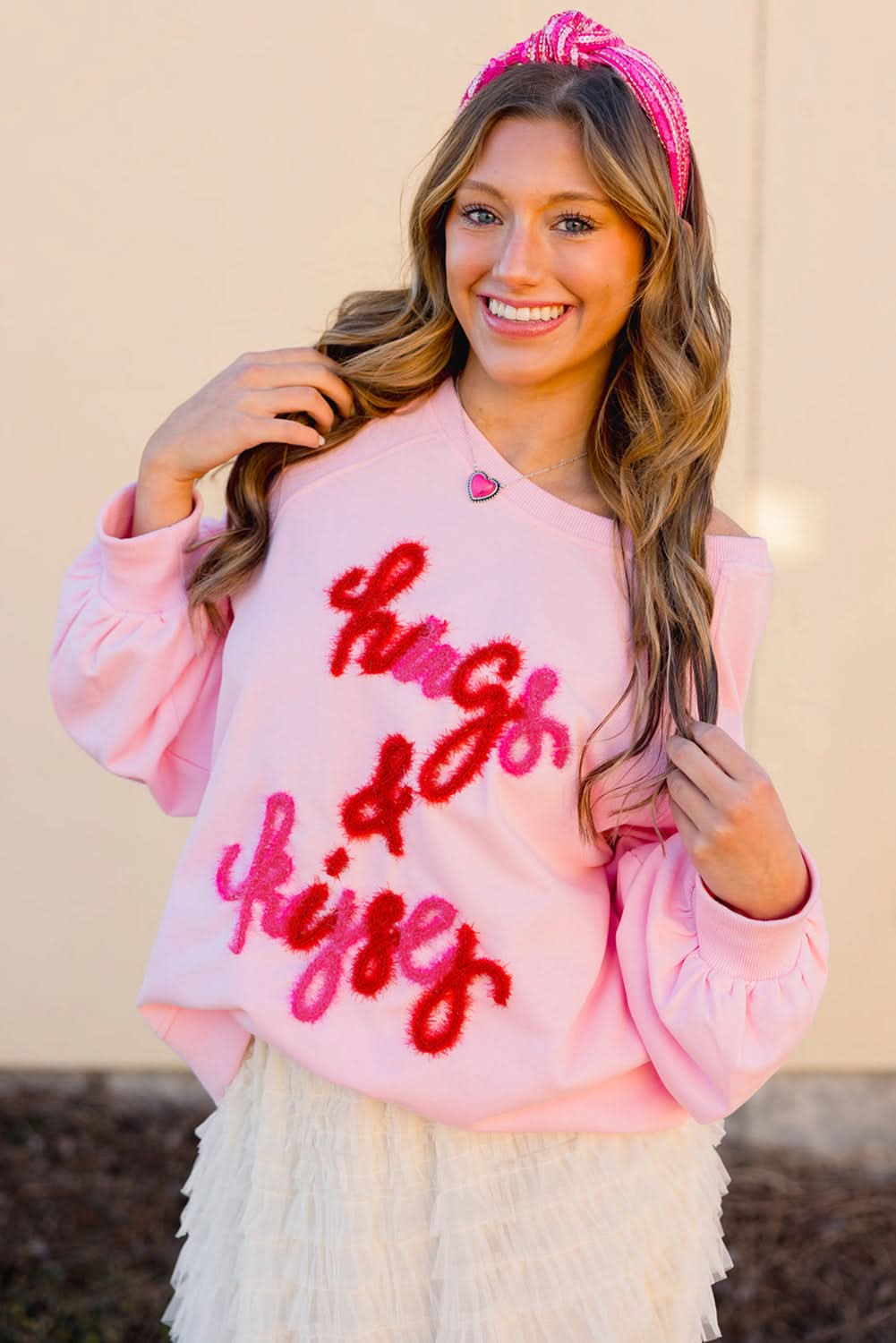 Pink Hugs and Kisses Pop Up Embroidered Raglan Sleeve Sweatshirt - Love Salve