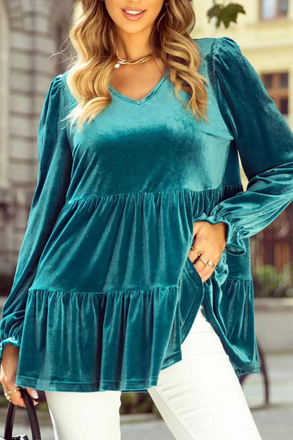 Peplum V-Neck Flounce Sleeve Blouse - Love Salve