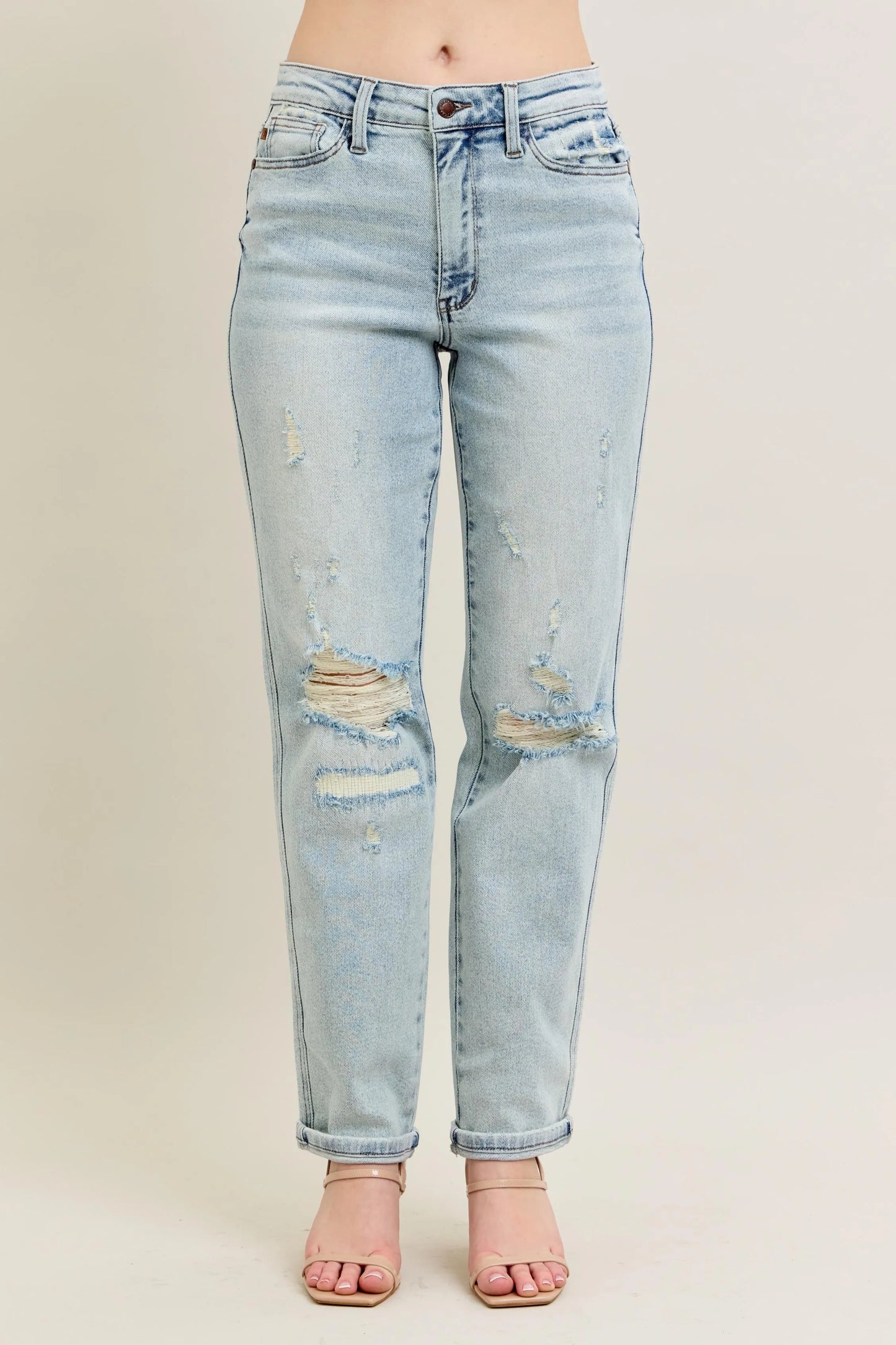 Judy Blue Plus Size Full Size Mr Repair Stitch Detail Destroyed Boyfriend Jeans - Love Salve