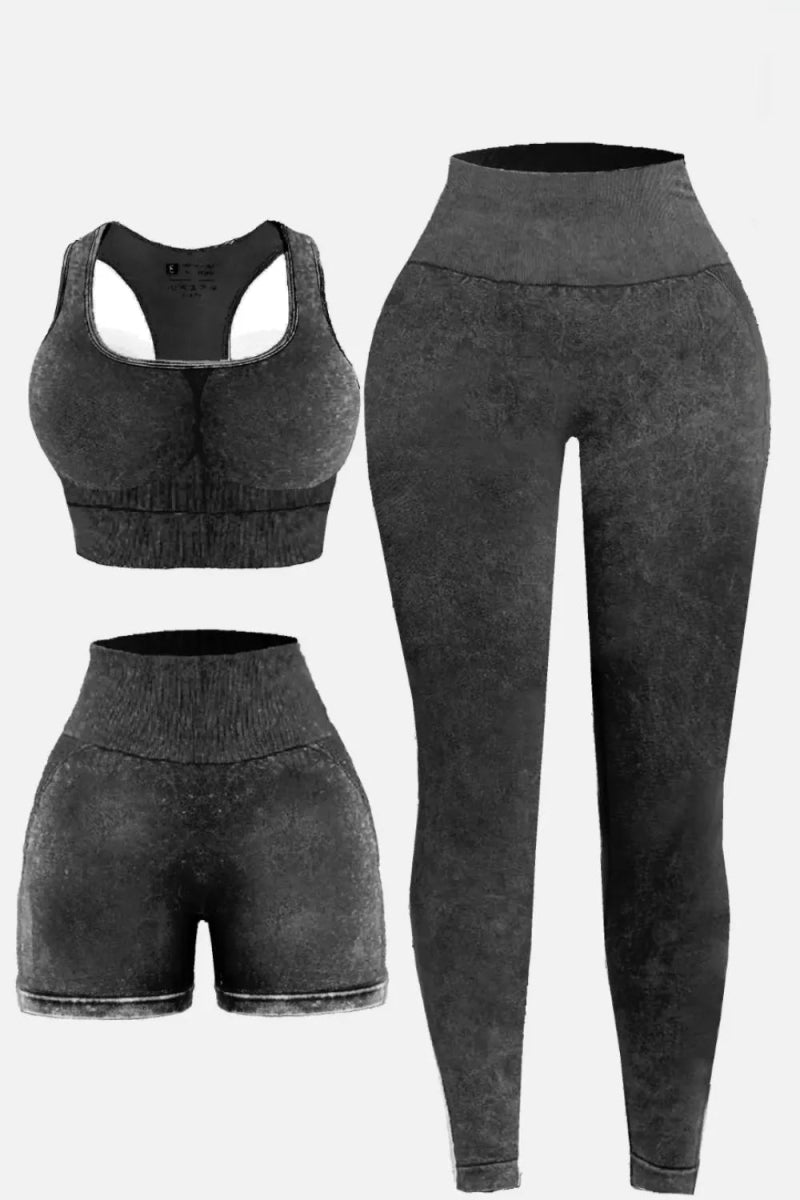 3 Piece Washed Square Neck Wide Strap Active Set for Women - Love Salve