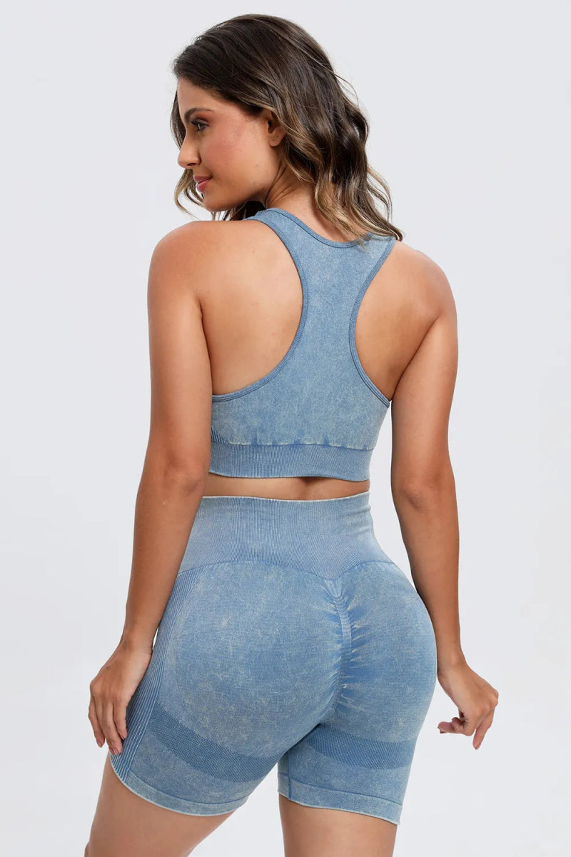 3 Piece Washed Square Neck Wide Strap Active Set for Women - Love Salve