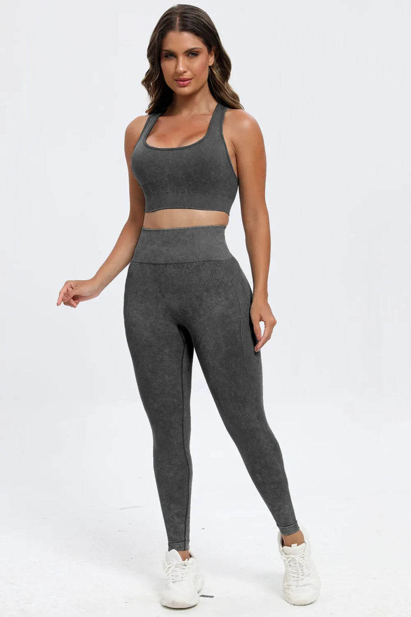 3 Piece Washed Square Neck Wide Strap Active Set for Women - Love Salve