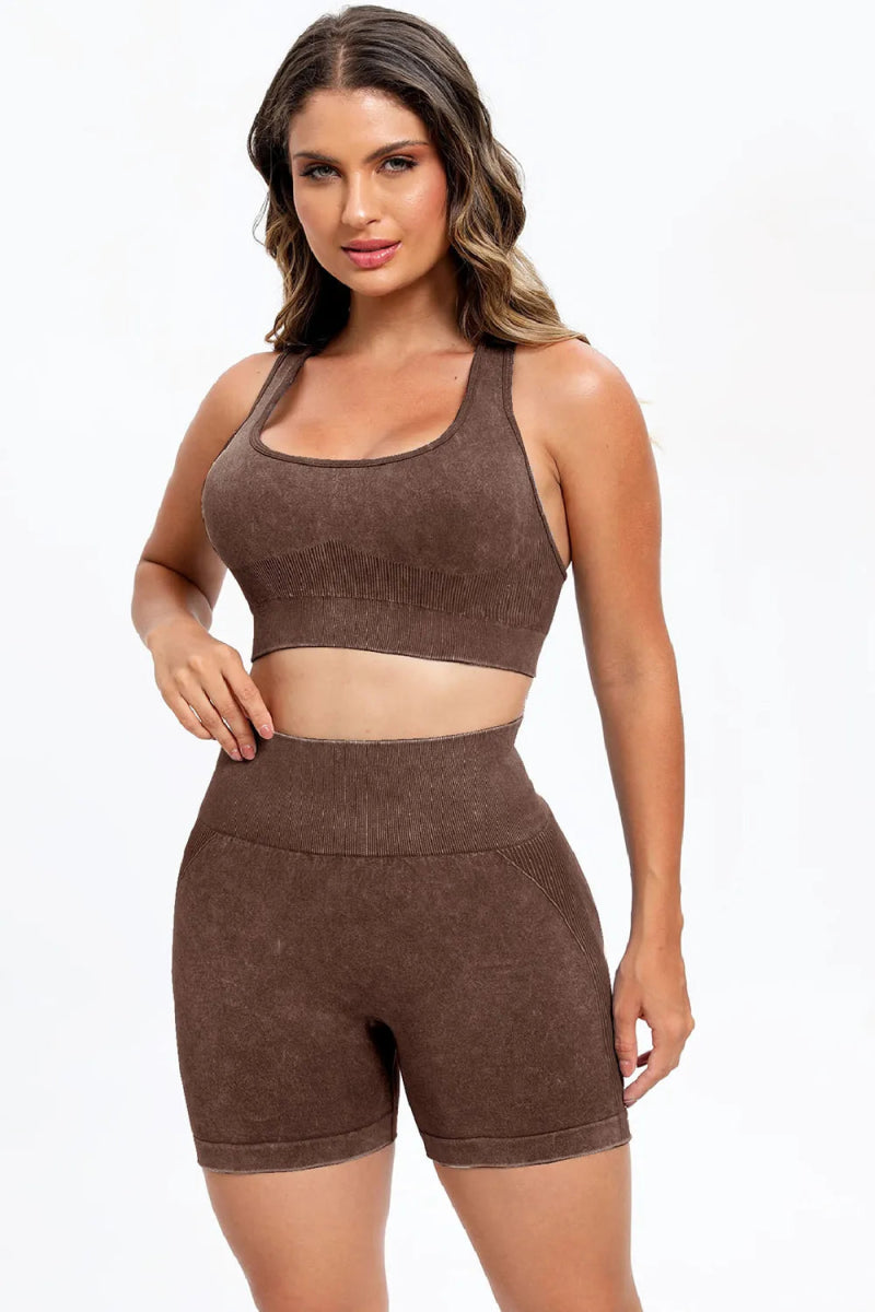 3 Piece Washed Square Neck Wide Strap Active Set for Women - Love Salve