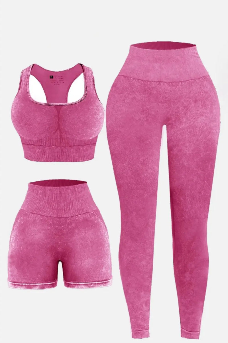 3 Piece Washed Square Neck Wide Strap Active Set for Women - Love Salve