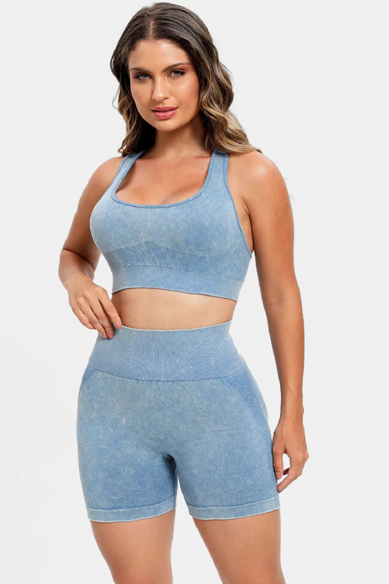 3 Piece Washed Square Neck Wide Strap Active Set for Women - Love Salve