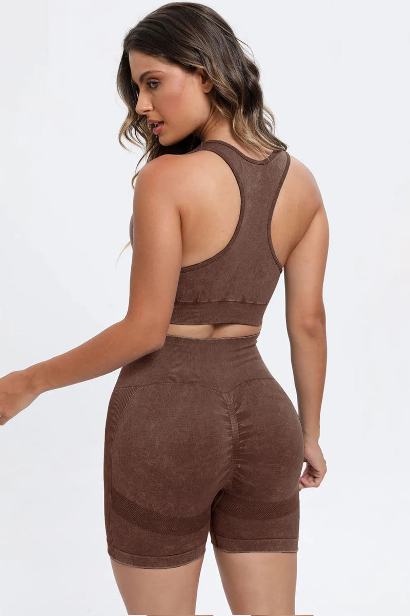3 Piece Washed Square Neck Wide Strap Active Set for Women - Love Salve