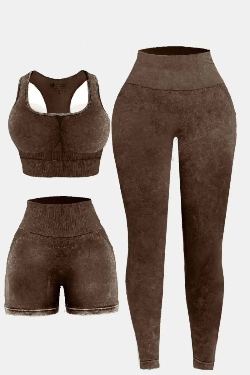 3 Piece Washed Square Neck Wide Strap Active Set for Women - Love Salve