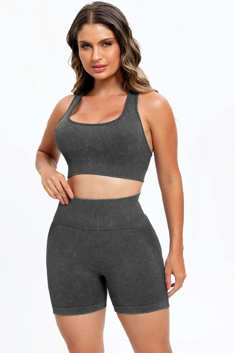 3 Piece Washed Square Neck Wide Strap Active Set for Women - Love Salve