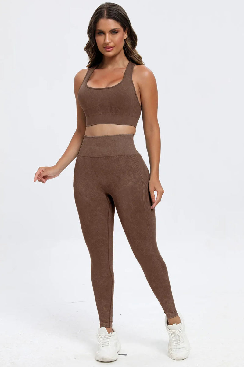 3 Piece Washed Square Neck Wide Strap Active Set for Women - Love Salve
