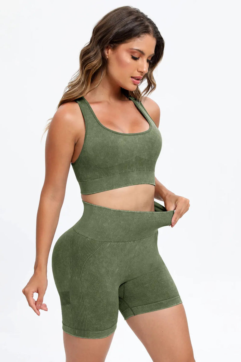 3 Piece Washed Square Neck Wide Strap Active Set for Women - Love Salve