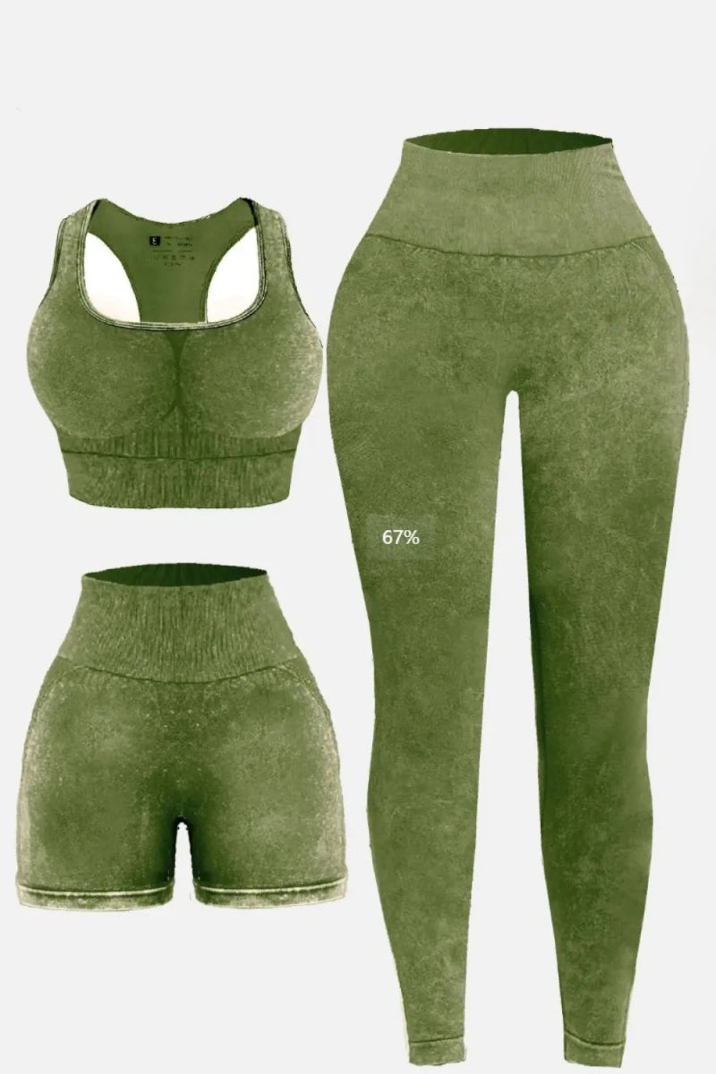 3 Piece Washed Square Neck Wide Strap Active Set for Women - Love Salve