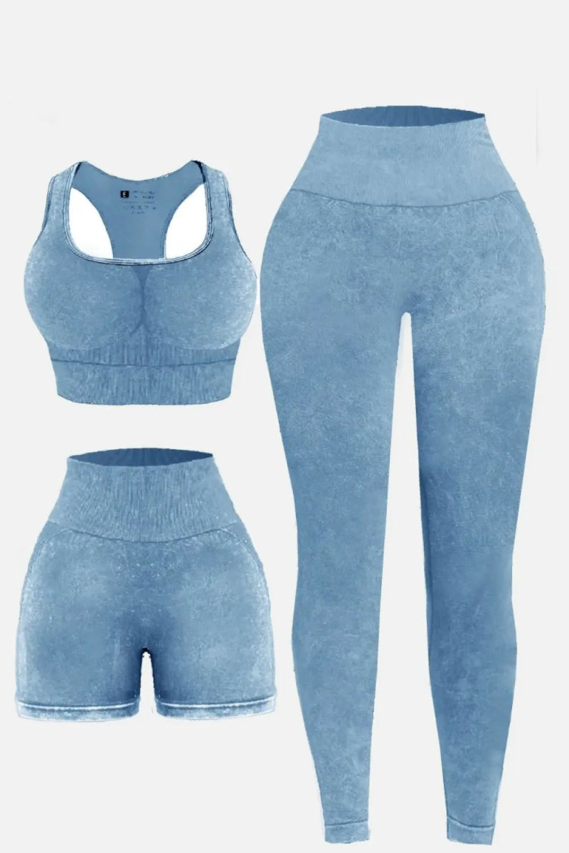 3 Piece Washed Square Neck Wide Strap Active Set for Women - Love Salve