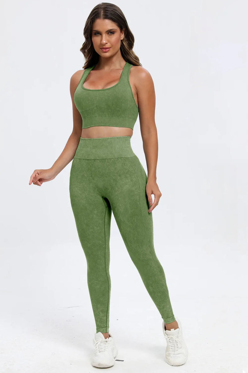 3 Piece Washed Square Neck Wide Strap Active Set for Women - Love Salve