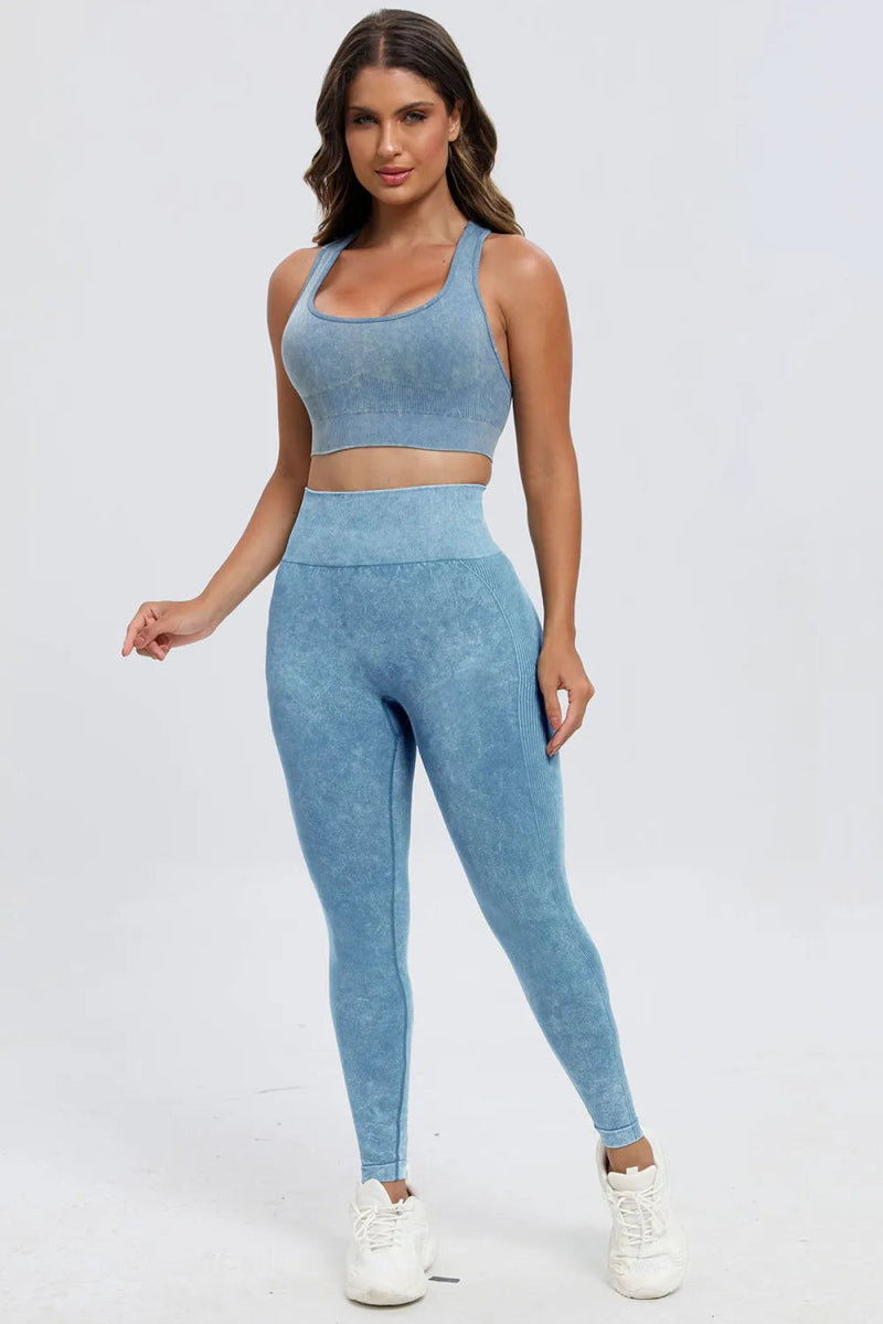3 Piece Washed Square Neck Wide Strap Active Set for Women - Love Salve