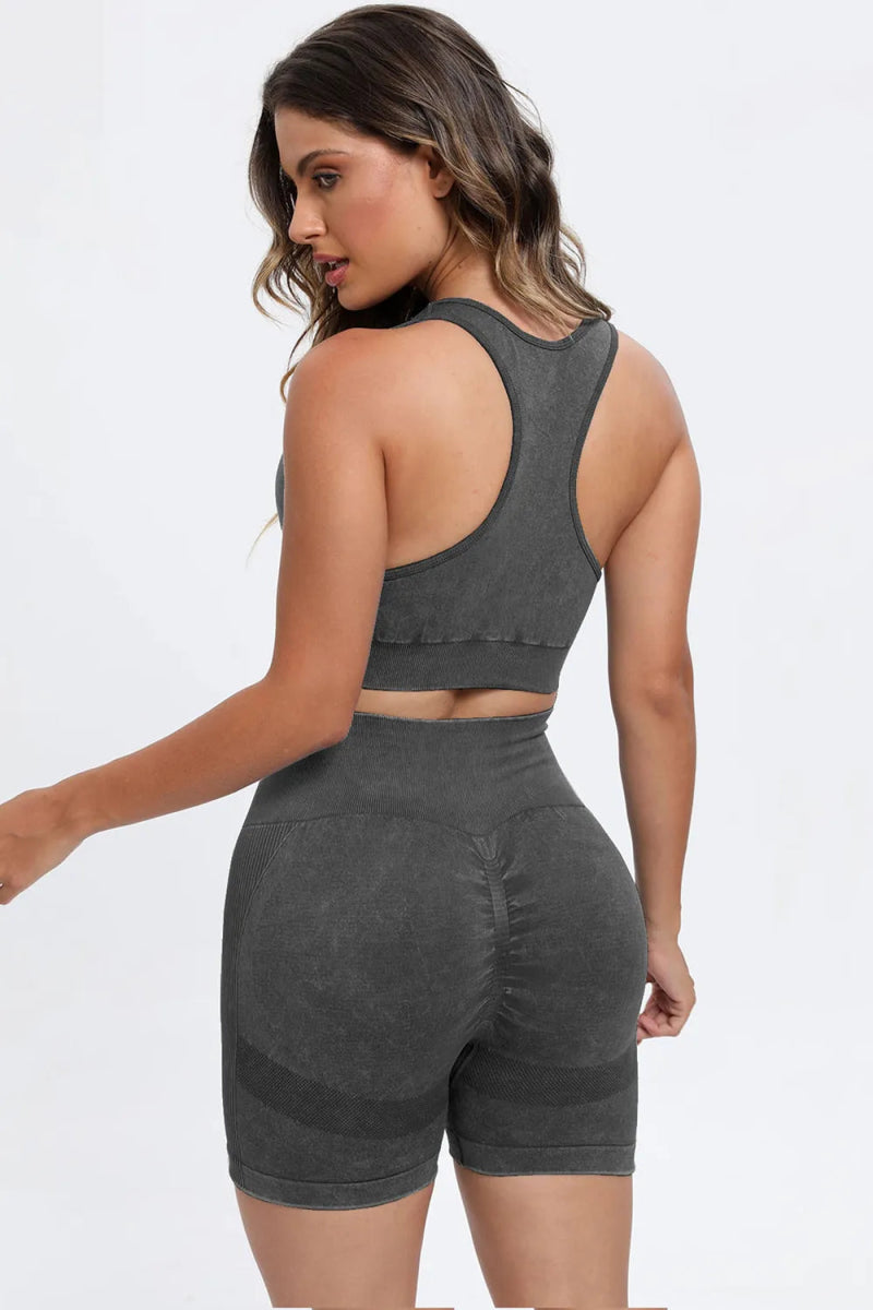 3 Piece Washed Square Neck Wide Strap Active Set for Women - Love Salve