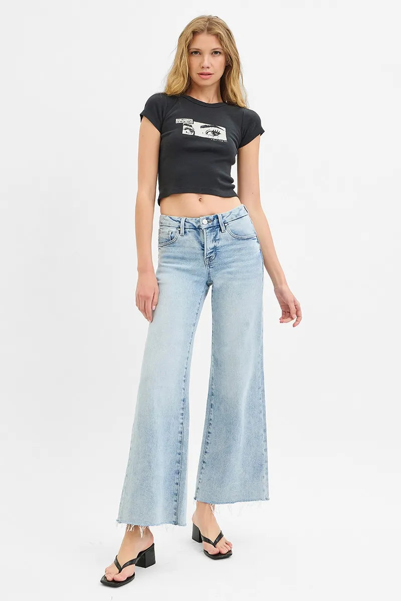 Risen Full Size Tummy Control Low Rise Wide Leg Raw Cut Hem Jeans Plus Size - Love Salve