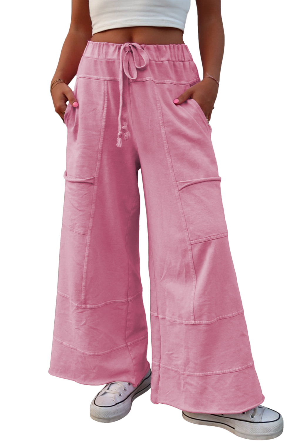 Bonbon Mineral Wash Exposed Seam Drawstring High Waist Cargo Pants