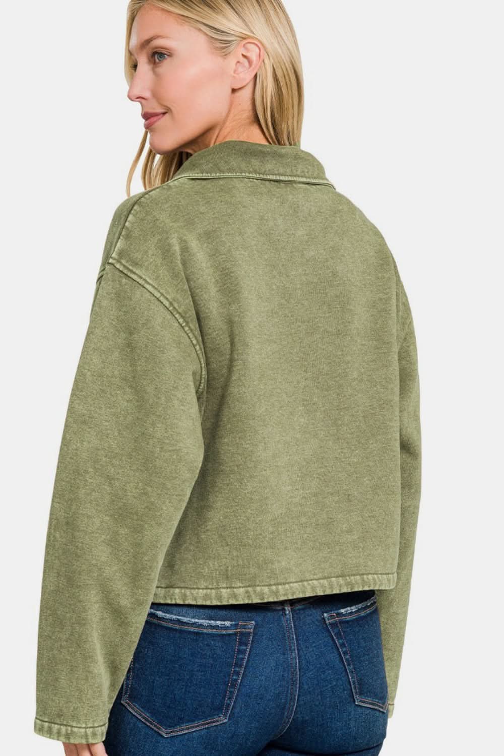 Zenana Acid Wash Fleece Half Snap Sweatshirt with Pocket - Love Salve