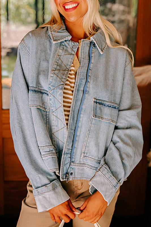 Beau Blue Street Style Zip Up Washed Denim Jacket For Casual Everyday Wear Unisex Dear-Lover Dropshipping