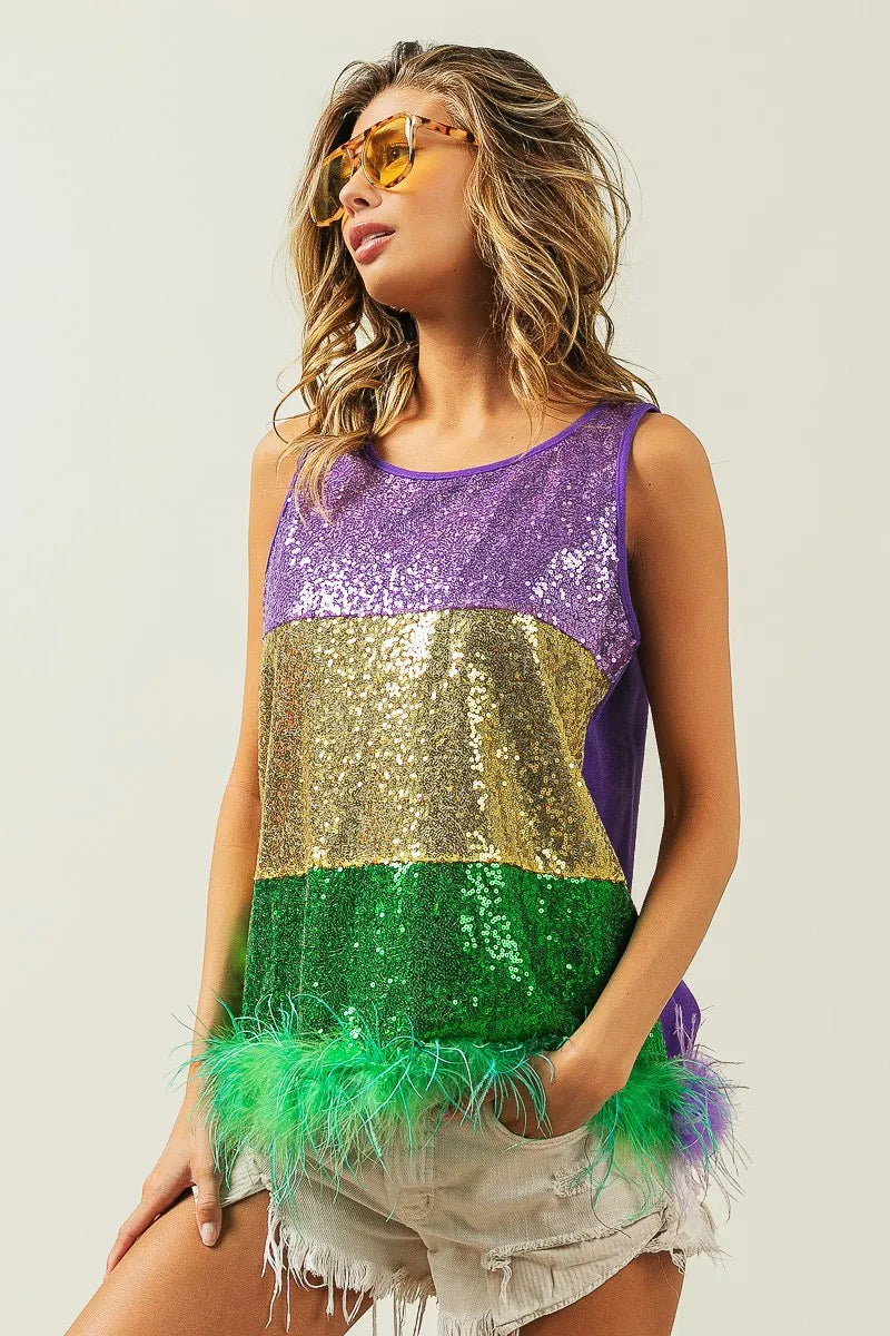 BiBi Mardi Gras Color Block Faux Feather Hem Sequin Top - Love Salve