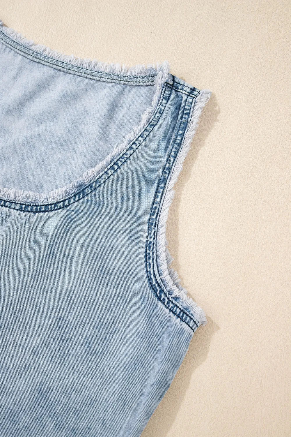 Mineral Wash Denim Frayed U Neck Sleeveless Top