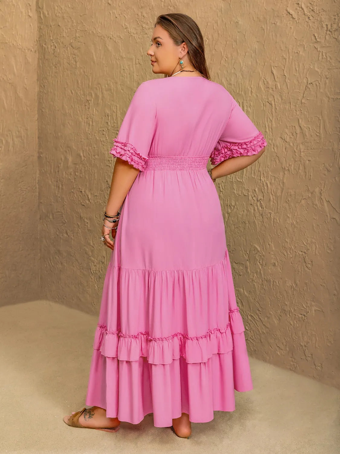 Pink Ruffle Charm Smocked Maxi Dress – Plus Size