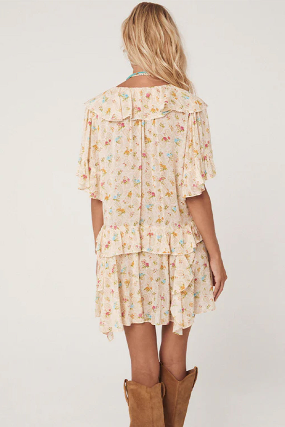 Apricot Boho Floral Tassel Tie V Neck Ruffle Mini Dress