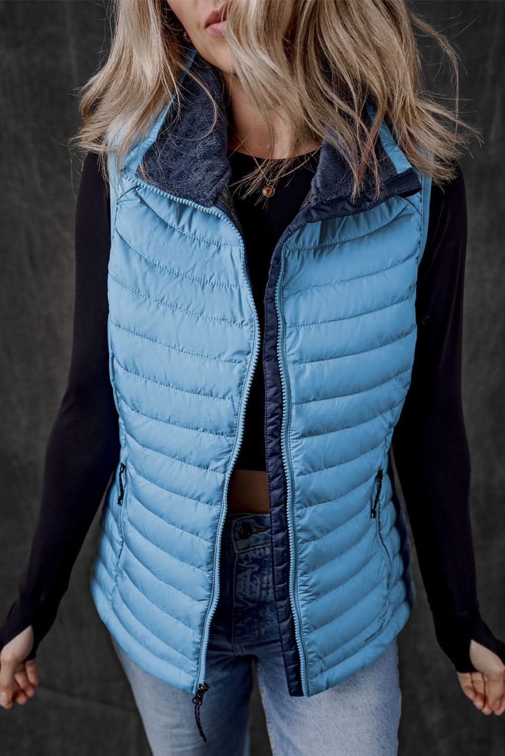 Sky Blue Plush Collared Quilted Zipped Puffer Vest - Love Salve