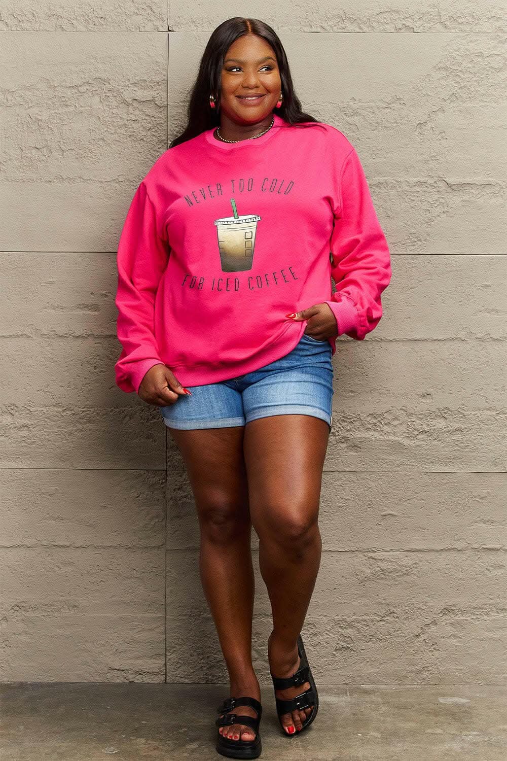 Simply Love Full Size NEVER TOO COLD FOR ICED COFFEE Round Neck SweatsStay Cozy in Style with the Simply Love Full Size Round Neck Sweatshirt
Indulge in comfort and warmth without compromising on style with our Never Too Cold For IcedLove Salve ICED COFFEE Round Neck Sweatshirtplus