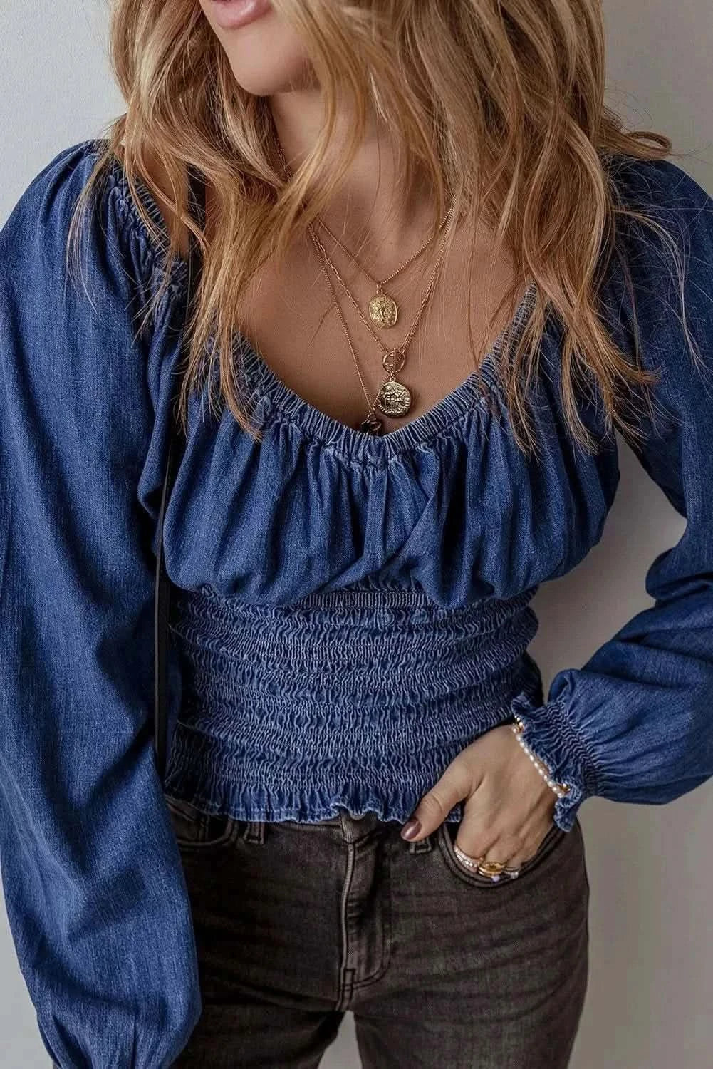 Smocked denim long sleeve top - Love Salve