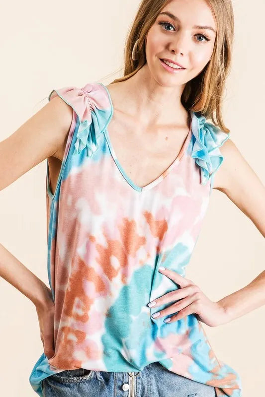 BiBi Circular Tie Dye Knit V Neck Top With Ruffle - Love Salve