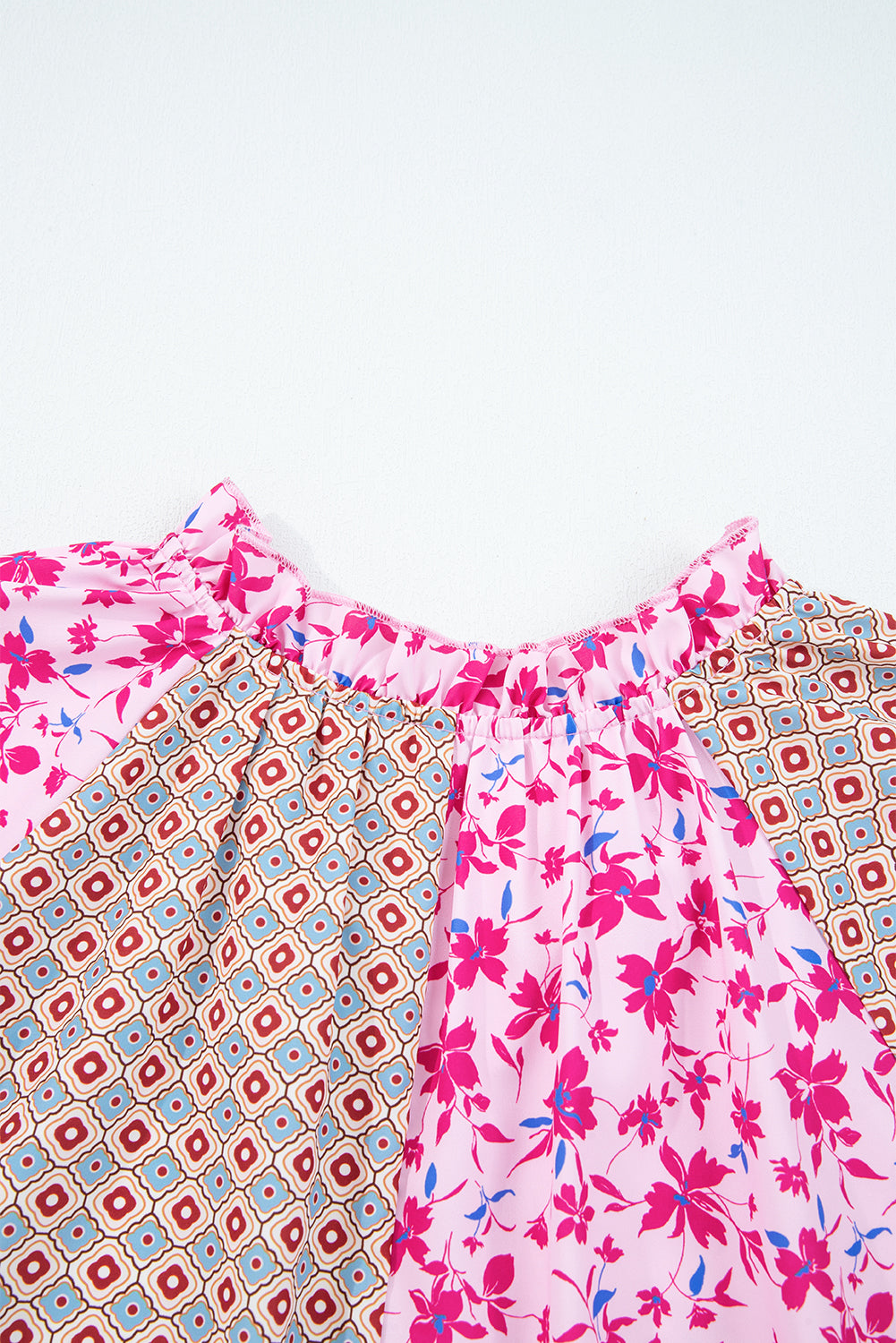 Premium Pink Boho Mixed Floral Drop Shoulder Bubble Sleeve Blouse