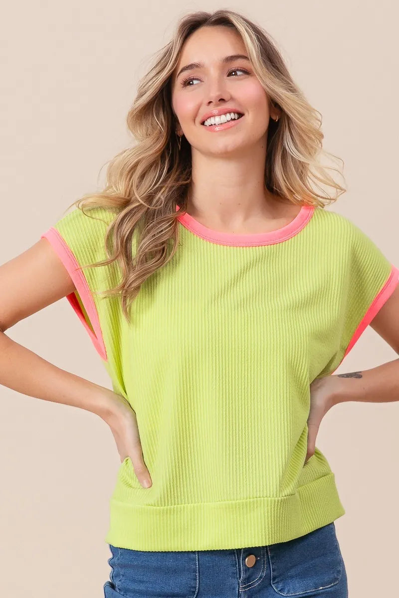 BiBi Cord Rib Knit Contrast Banded Top - Love Salve