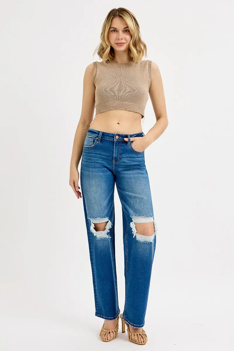 Risen Full Size Mid Waist Fit Boyfriend Knee Distressed Jeans Plus Size - Love Salve