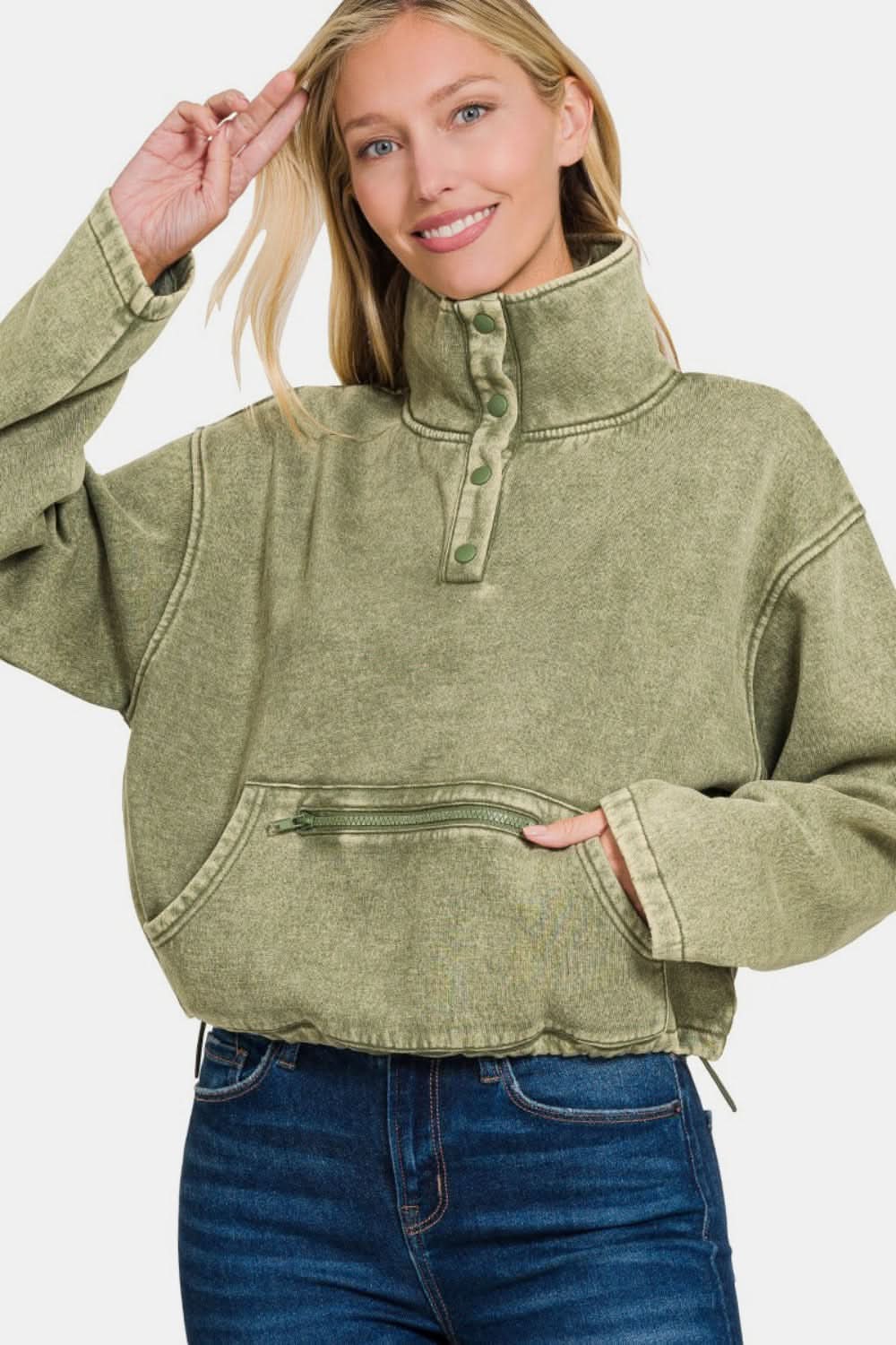 Zenana Acid Wash Fleece Half Snap Sweatshirt with Pocket - Love Salve