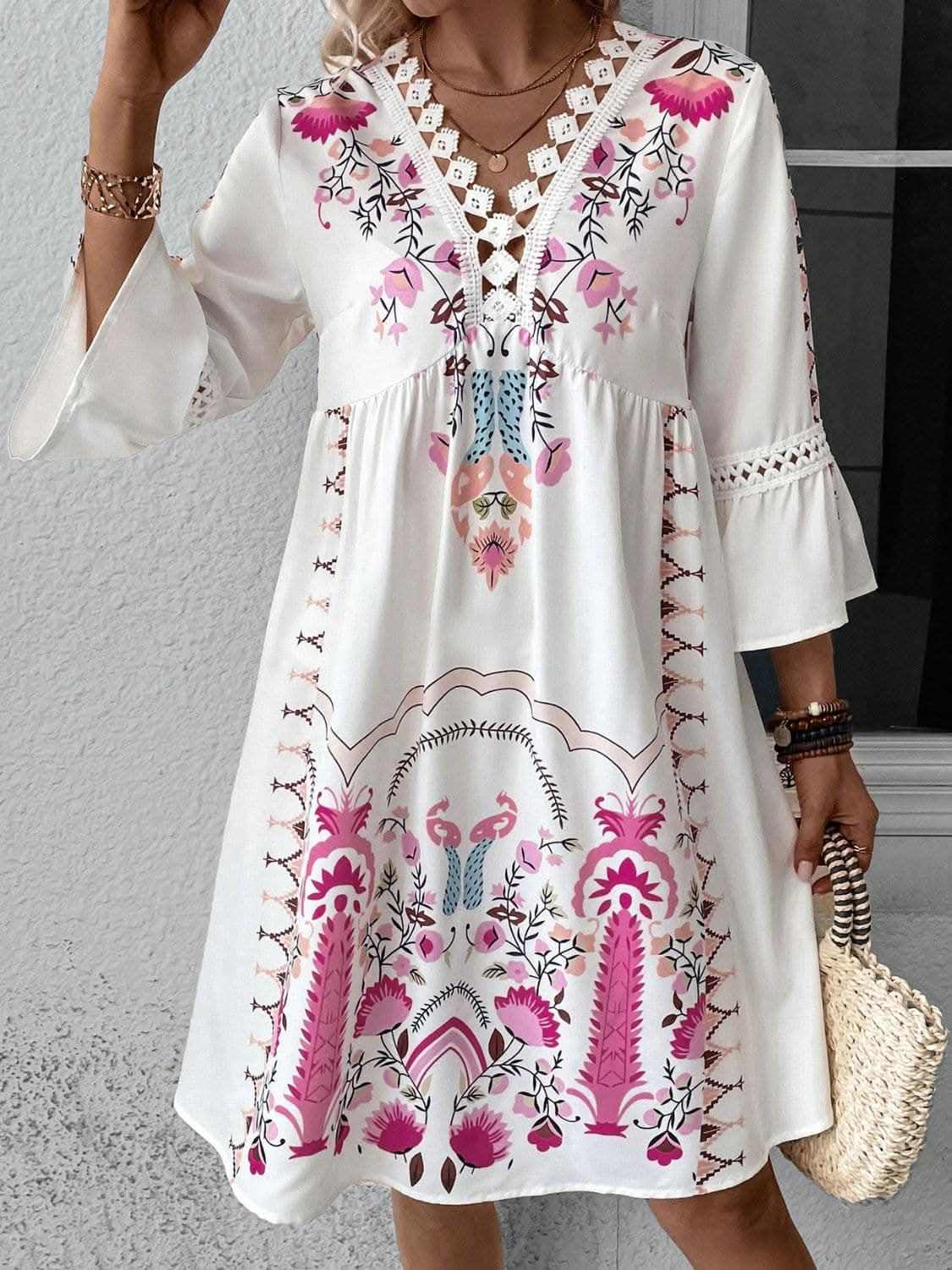 Lace Printed Three-Quarter Dress with Sheer Elegance - Love Salve