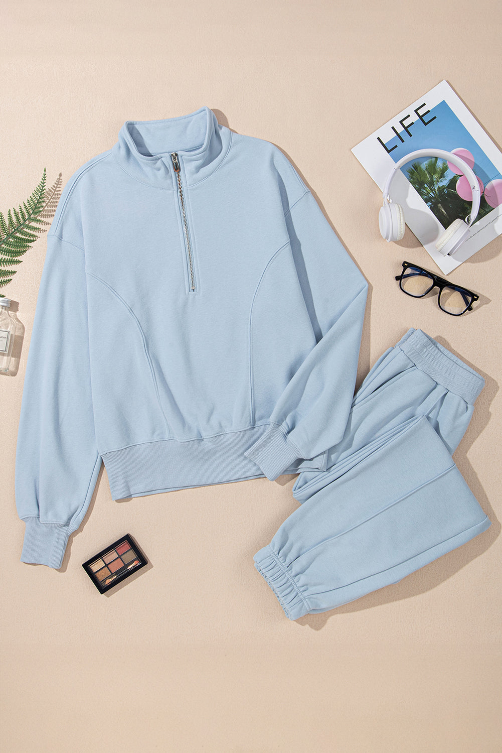 Sky Blue Half Zip Up Pullover Active Top and Joggers Set