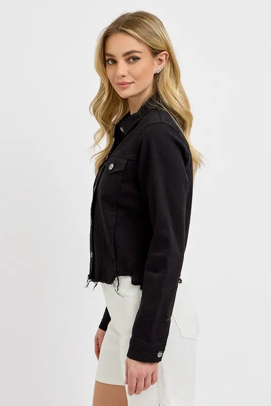 Risen Full Size Irregular Fray Hem Button Up Denim Jacket Plus Size - Love Salve