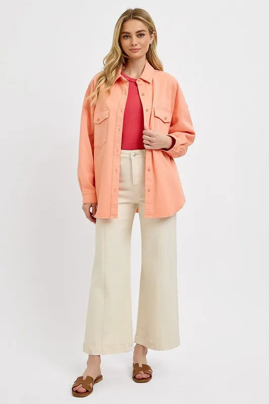 Risen Full Size Button Down Long Sleeve Denim Shacket with Chest Pockets Plus Size - Love Salve