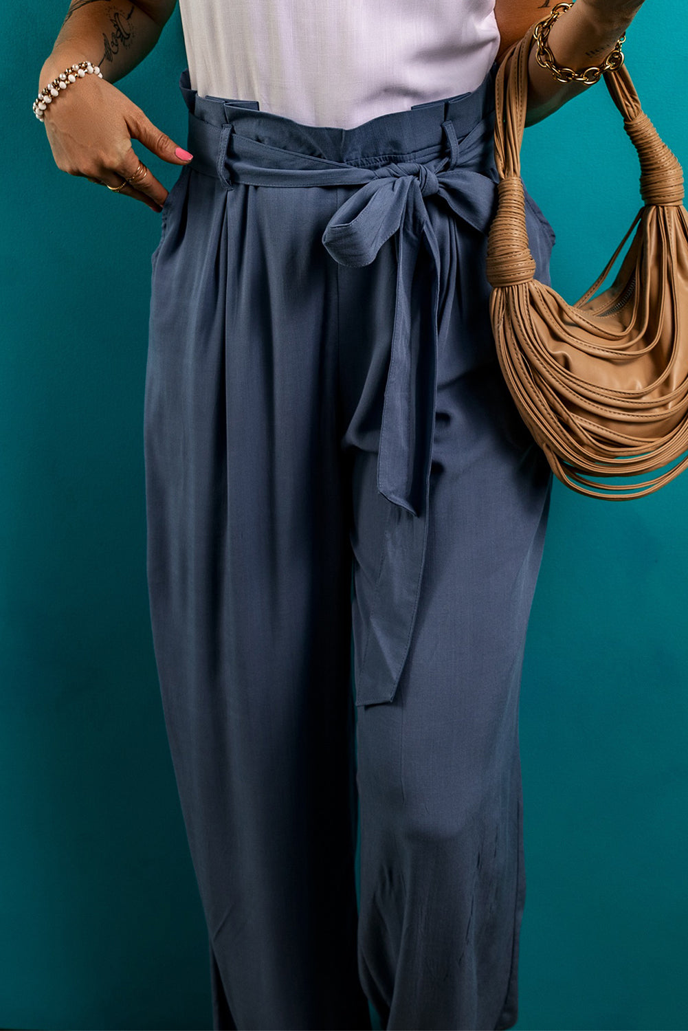 Luna Belted Frilly Waist Wide Leg Loose Palazzo Pants - Love Salve