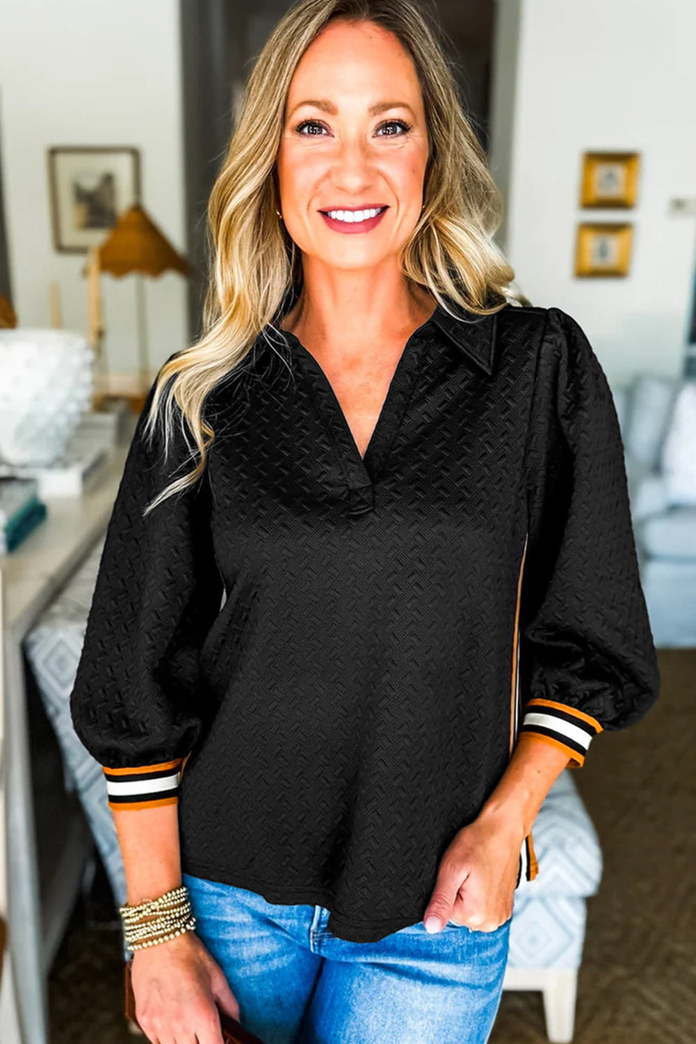 Black Stylish Textured Striped Patchwork Polo Collar Pullover Sweatshirt For Casual Everyday Wear Dear-Lover Dropshipping