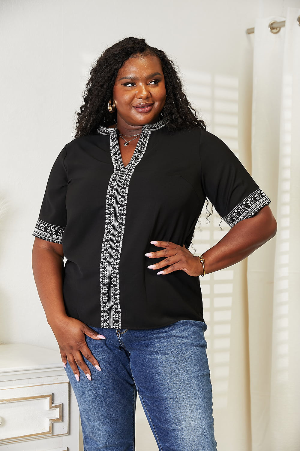 Double Take: Embroidered Notch Neck Top