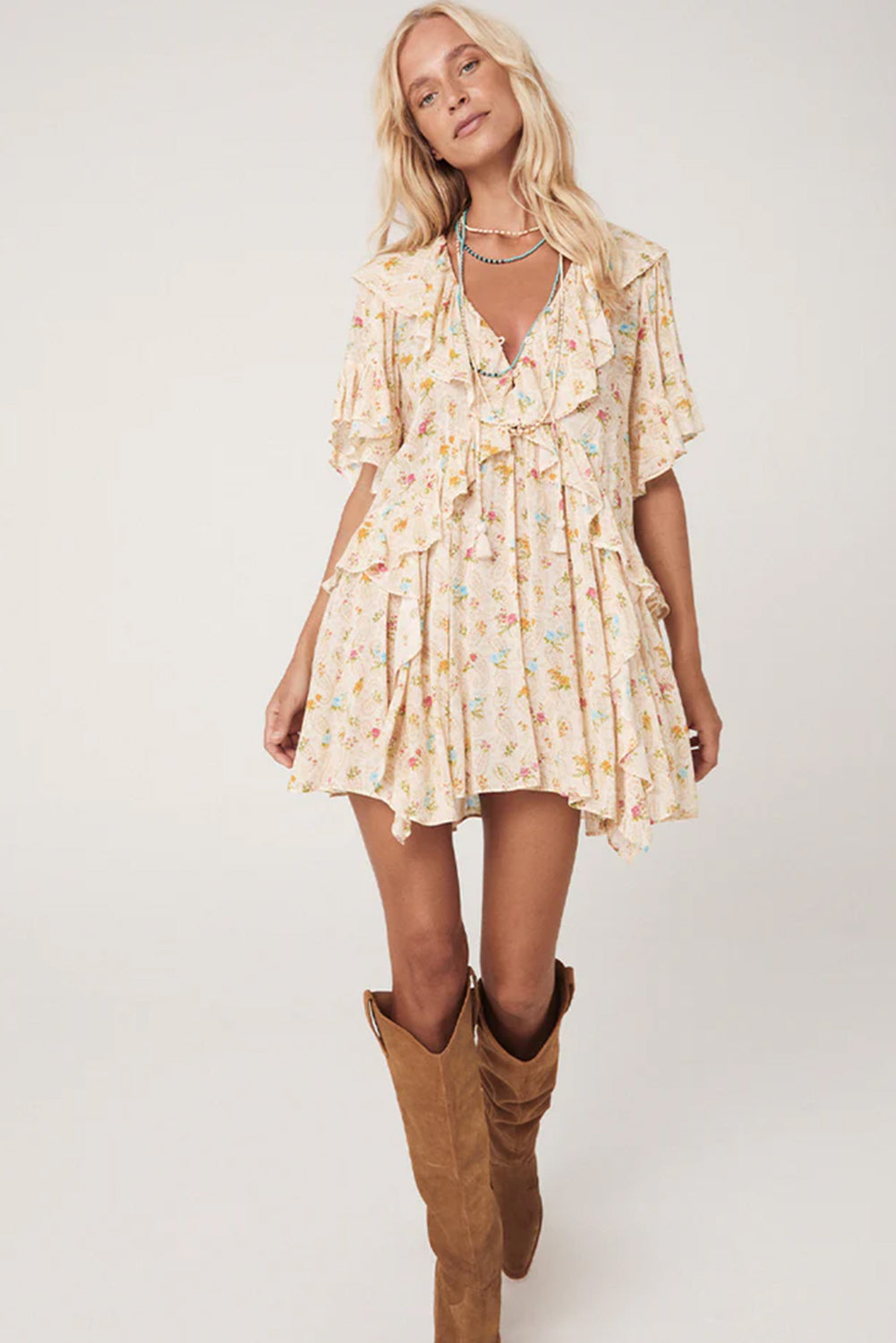 Apricot Boho Floral Tassel Tie V Neck Ruffle Mini Dress