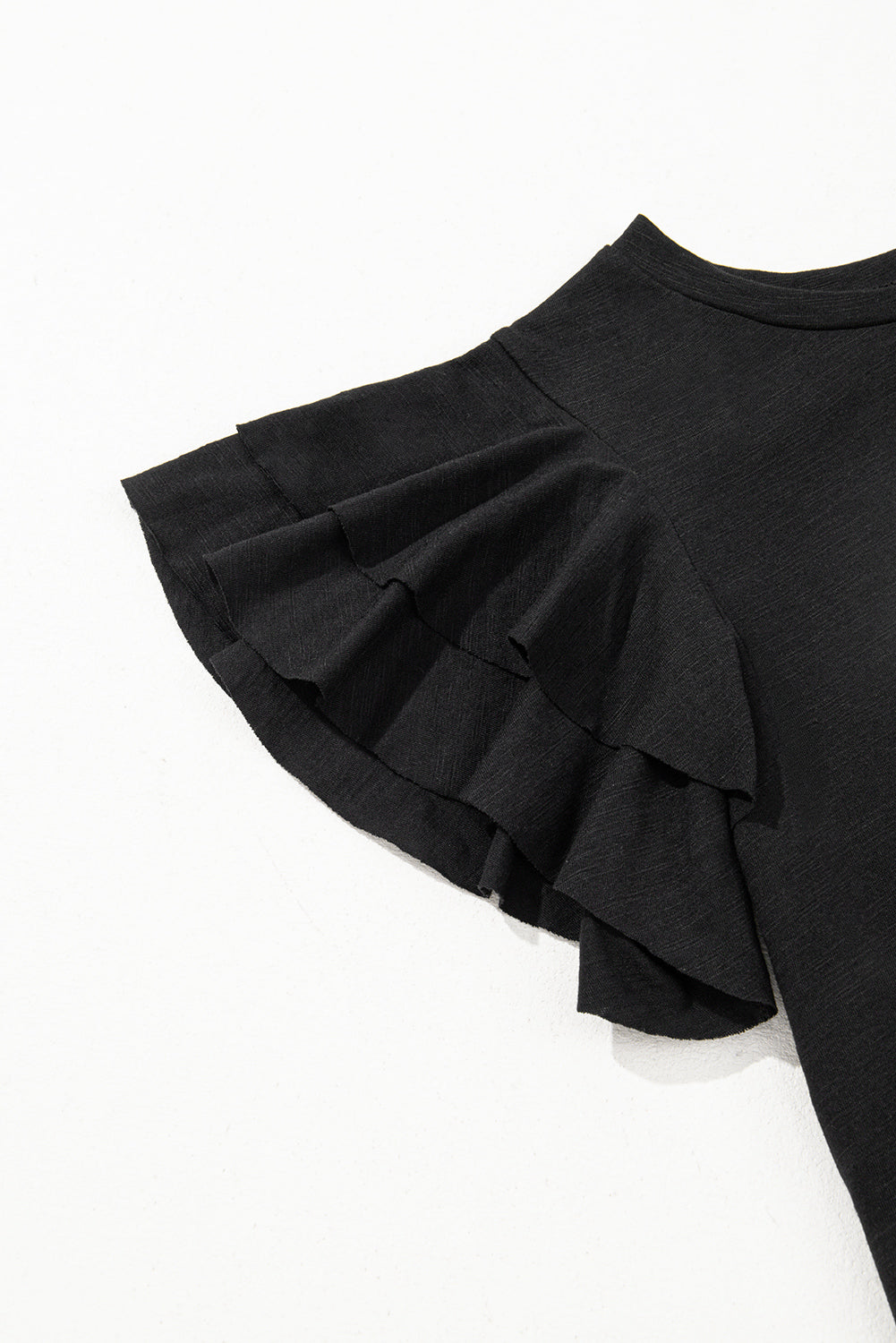 Black Layered Ruffle Short Sleeve Round Neck Top for Women