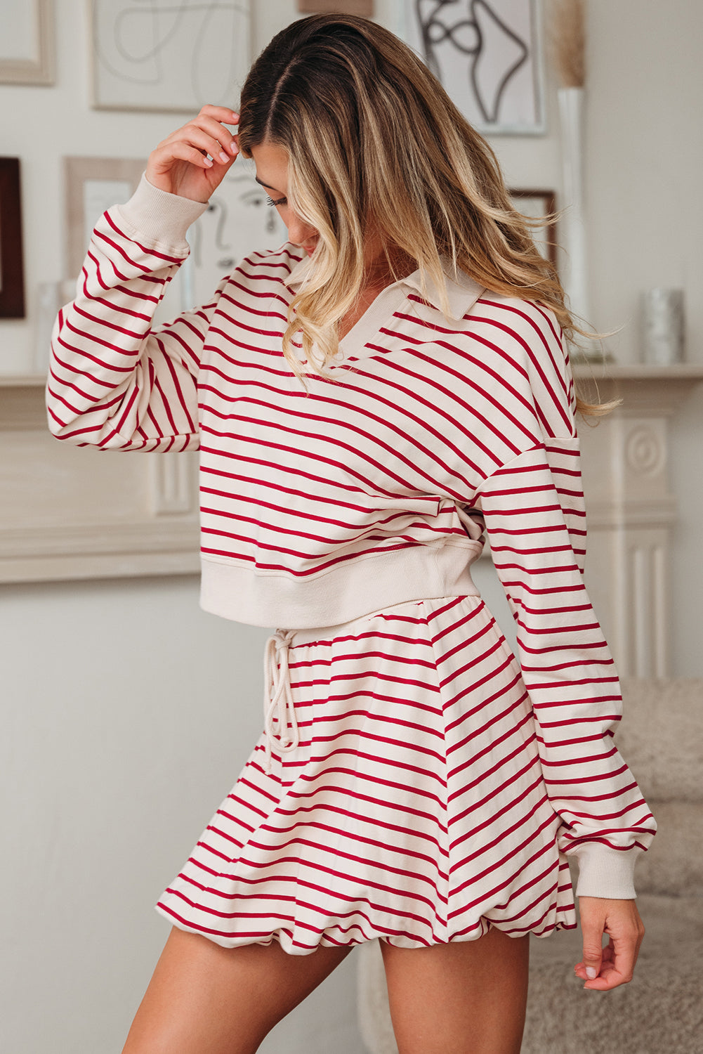 Red Stripe Cropped Collared Pullover and Bubble Mini Skirt