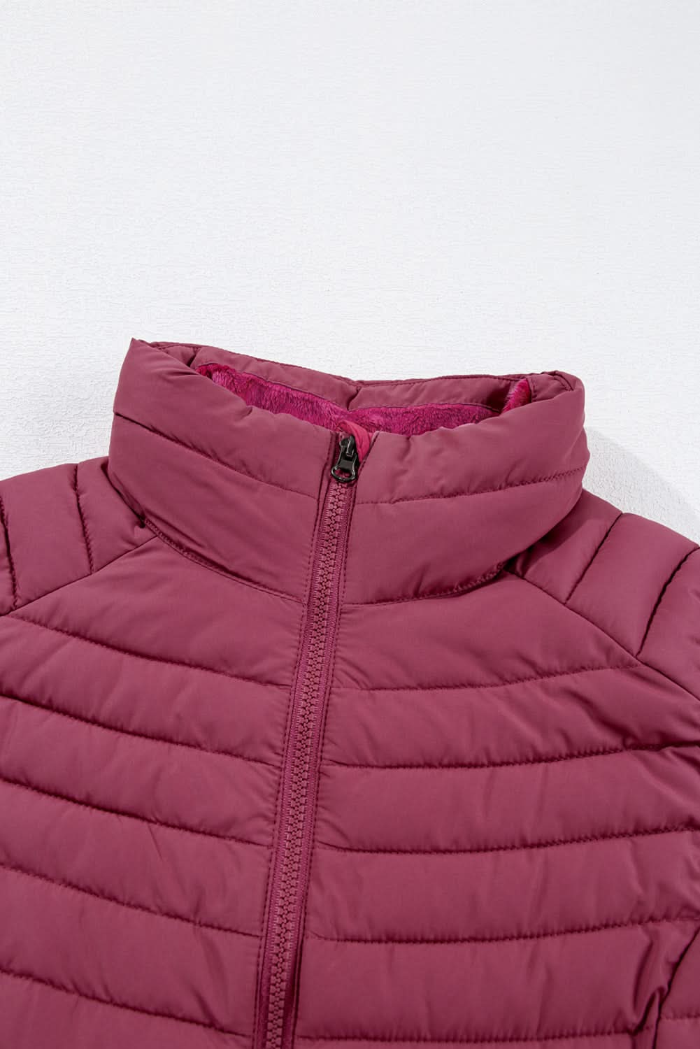 Burgundy Plush Collared Quilted Zipped Puffer Vest - Love Salve