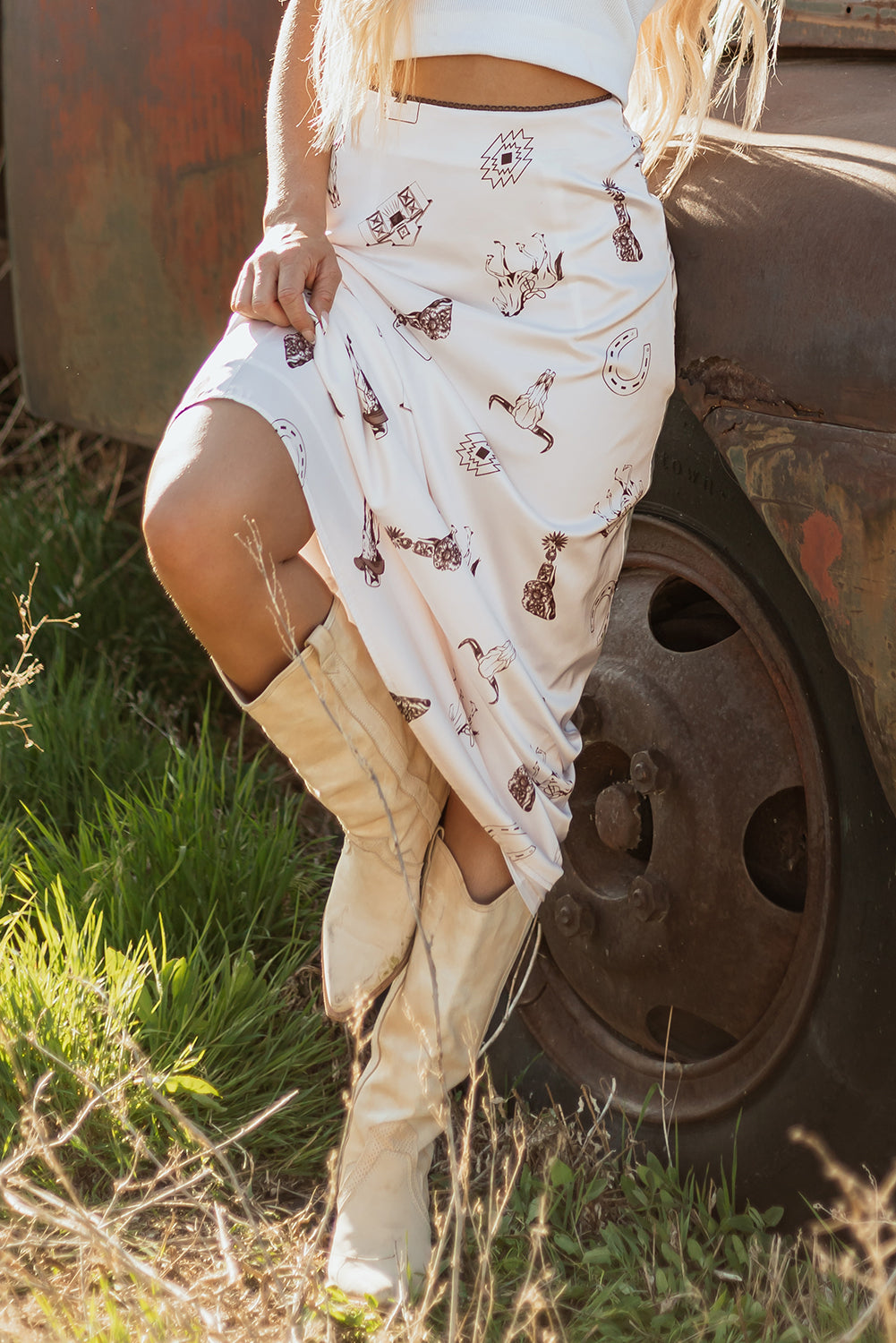 Beige Western Print Satin Long Skirt for Stylish Outfits